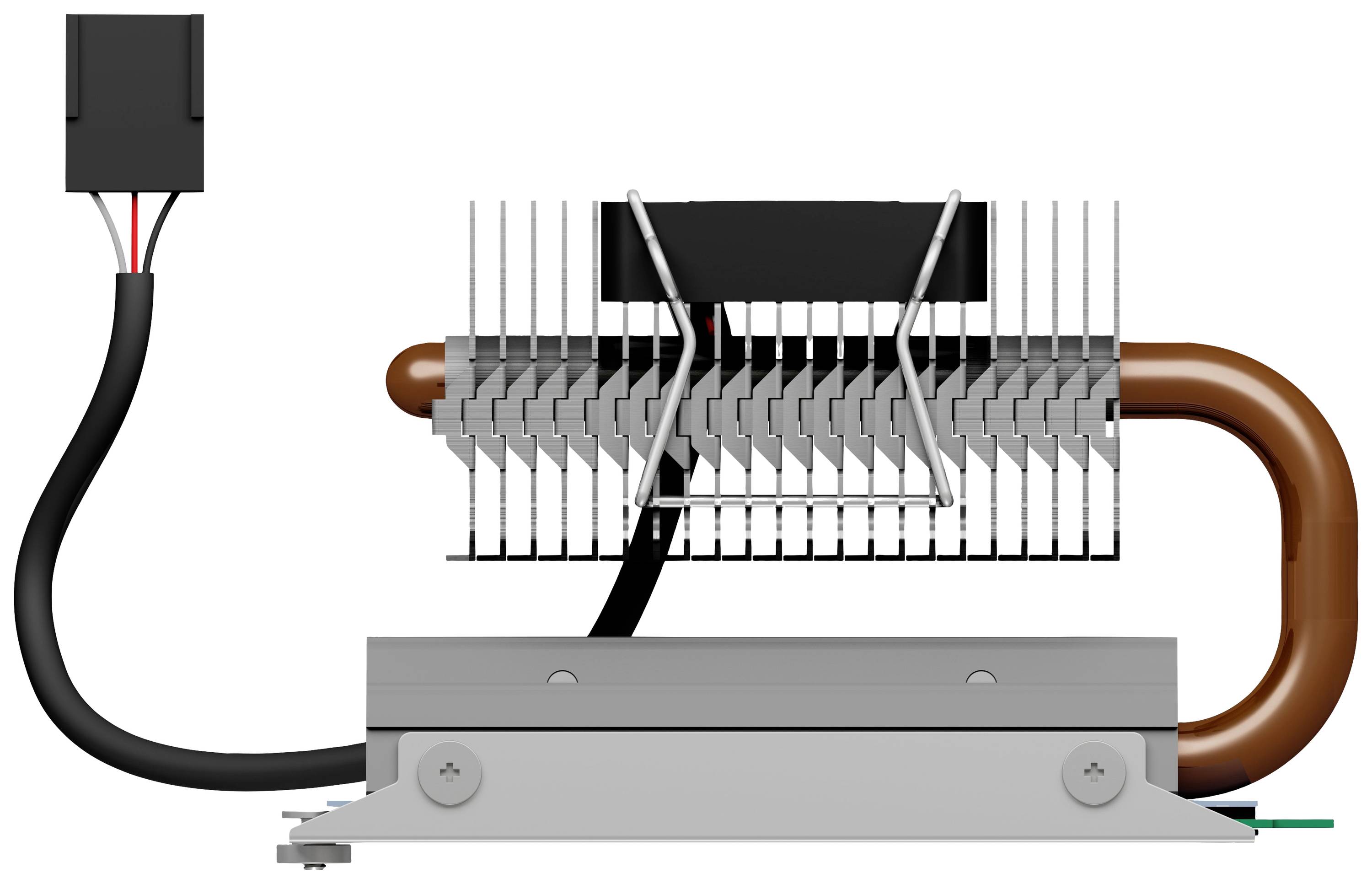 Dissipateur thermique avec ventilateur, vue latérale. Tube en cuivre et ailettes de refroidissement visibles. Câble d'alimentation électrique à gauche.