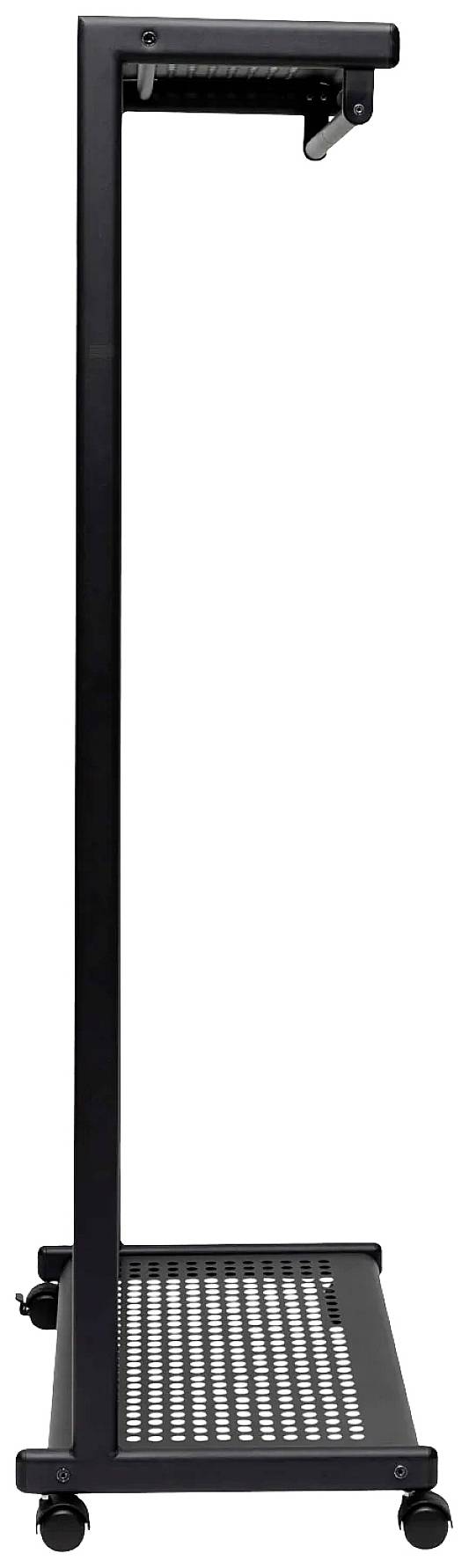 Un support d'affichage étroit en métal noir avec quatre roulettes. Idéal pour les présentations ou les salons, il offre mobilité et flexibilité.