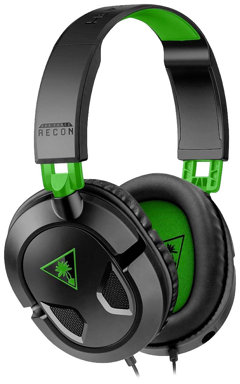 Casque gaming noir avec des accents verts sur le bandeau et les coussinets d'oreilles. Logo de la marque visible sur le pavillon.