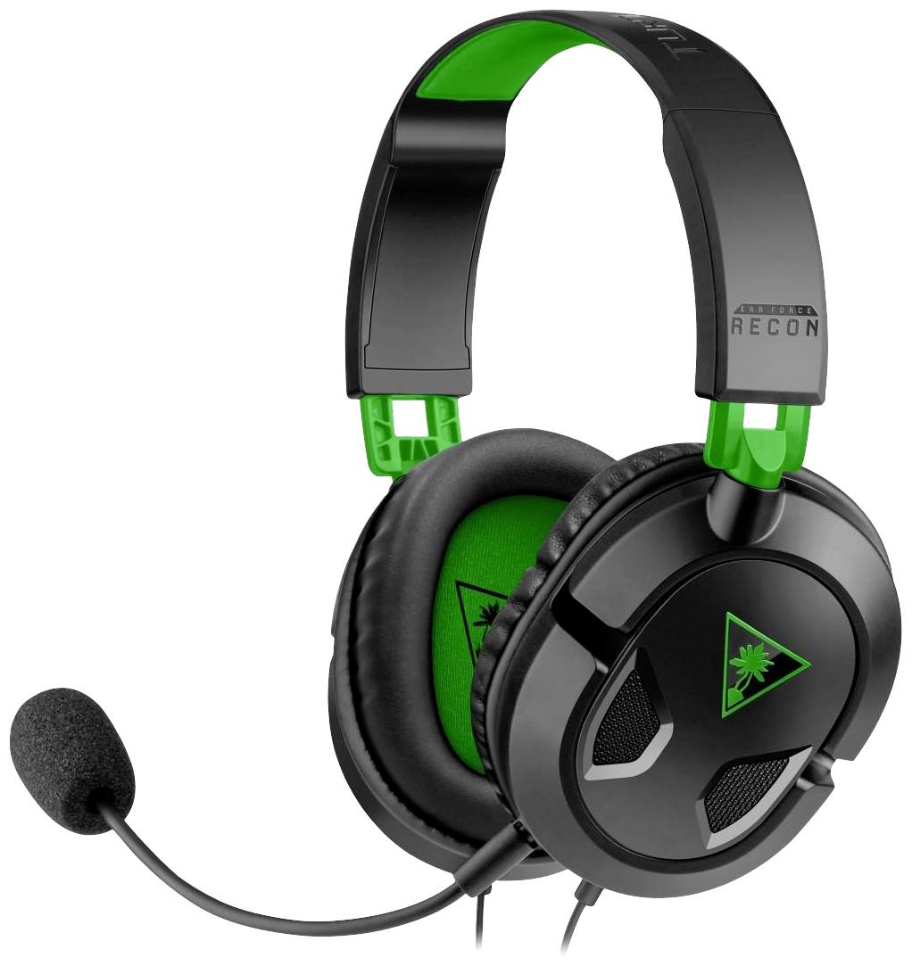 Casque de gaming noir avec microphone, rembourrage vert et noir, et le logo d'une tête de tortue sur le côté du pavillon auditif.