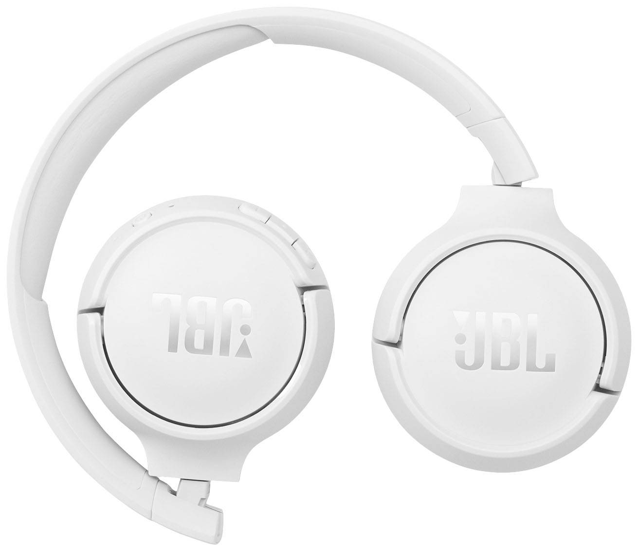 Casque audio blanc, pliable, à écouteurs circumauraux avec logo 'JBL' sur les pavillons.