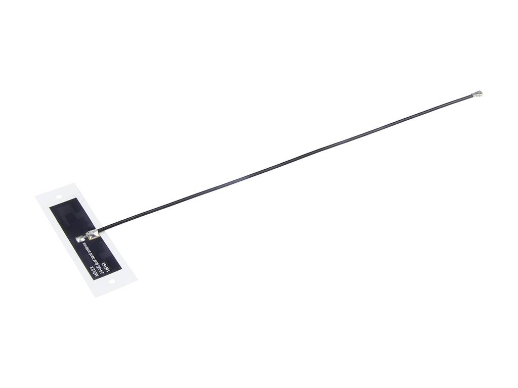 Une antenne plate, rectangulaire, avec un long câble fin et un petit connecteur à son extrémité.