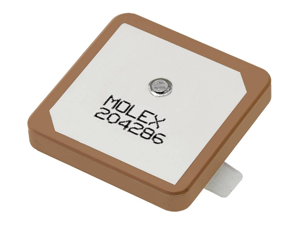Antenne carrée et plate portant l'inscription 'MOLEX 204286' sur sa face supérieure, avec un bord de couleur beige.