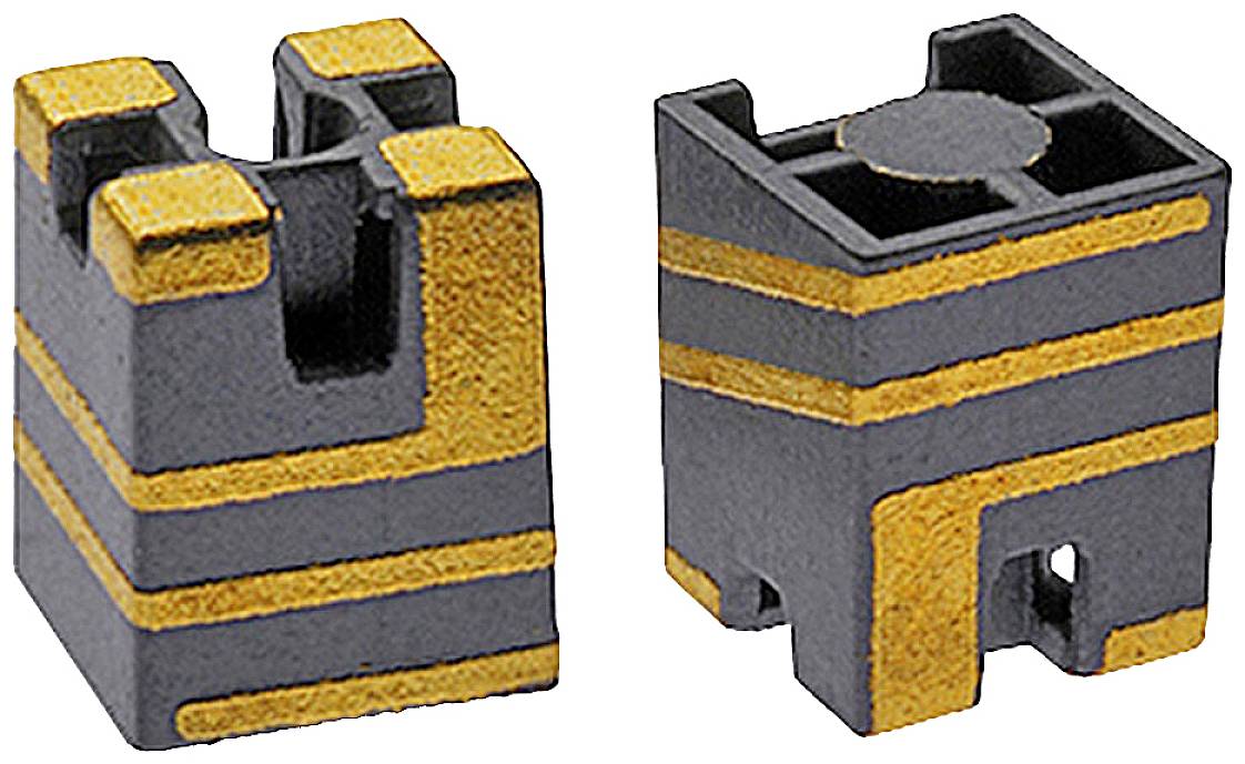 Deux pièces carrées à surface noire avec des lignes orangées. Elles semblent représenter des connexions ou des contacts mécaniques.