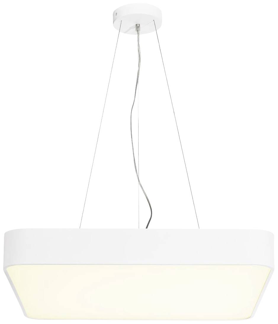 Suspension blanche rectangulaire avec un abat-jour à l'éclairage doux, suspendue par trois fins câbles.