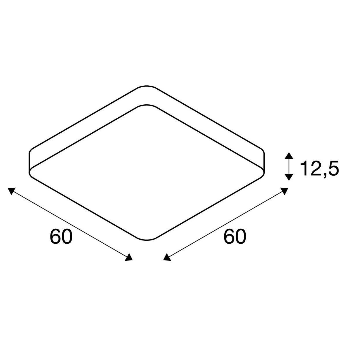 Dessin isométrique d'un prisme carré avec des arêtes de 60 mm et une hauteur de 12,5 mm.
