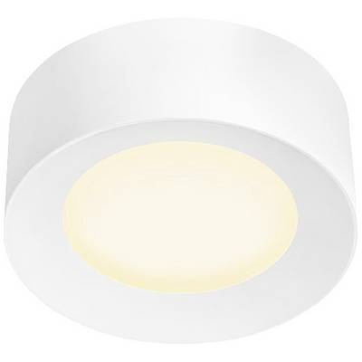 Plafonnier rond blanc, émettant une lumière blanche chaude, idéal pour les intérieurs modernes.