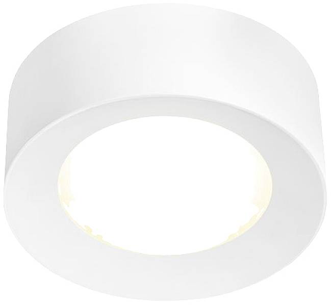 Plafonnier blanc, rond et au design épuré, offrant un éclairage lumineux. Idéal pour les espaces intérieurs contemporains.