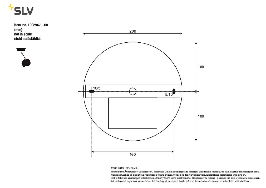 'SLV Roun LED-Wandeinbauleuchte' avec dimensions : Diamètre 200 mm, Profondeur 51 mm. Dessin technique, non à l'échelle.