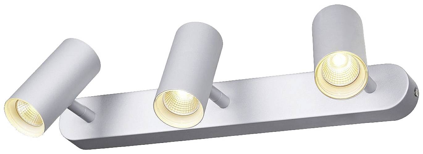 Un luminaire de plafond moderne en argent, composé de trois spots cylindriques rotatifs dirigés vers le bas.