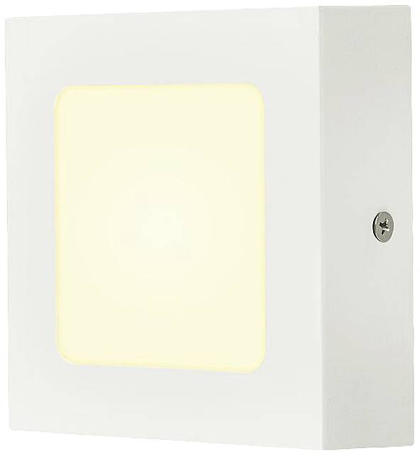 Un éclairage LED blanc cubique avec une émission douce et jaune, monté sur un mur, témoigne d'un design minimaliste.