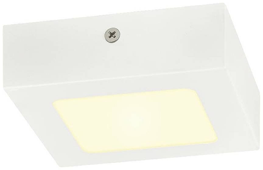 Plafonnier LED carré blanc avec zone lumineuse jaune, fixé au plafond par une vis.