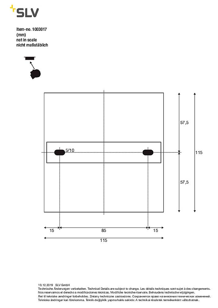 Dessin technique d'un objet rectangulaire avec dimensions. Hauteur 115 mm, largeur 110 mm, fixé avec deux vis de 5x10 mm.
