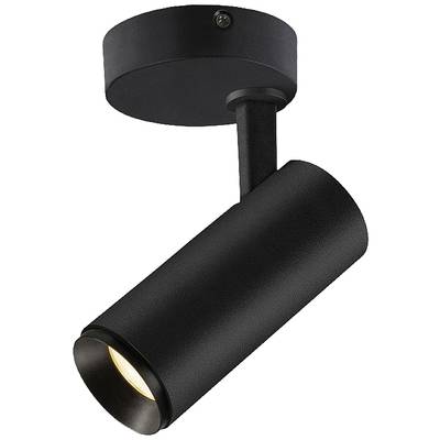 Plafonnier noir avec tête cylindrique orientable et émission de lumière chaude, idéal pour un éclairage ciblé.
