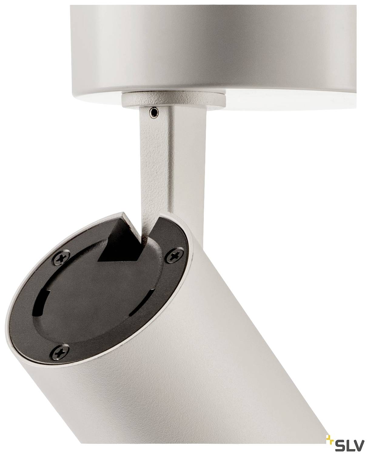 Applique murale avec boîtier cylindrique et articulation pour un positionnement flexible. Surface argentée, design moderne.