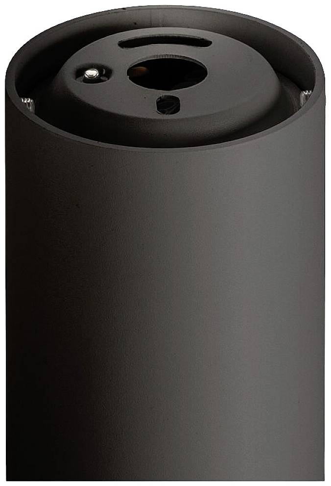 Support noir cylindrique avec une ouverture centrale en haut. Adapté pour une utilisation comme support ou élément de fixation dans les systèmes d'éclairage.