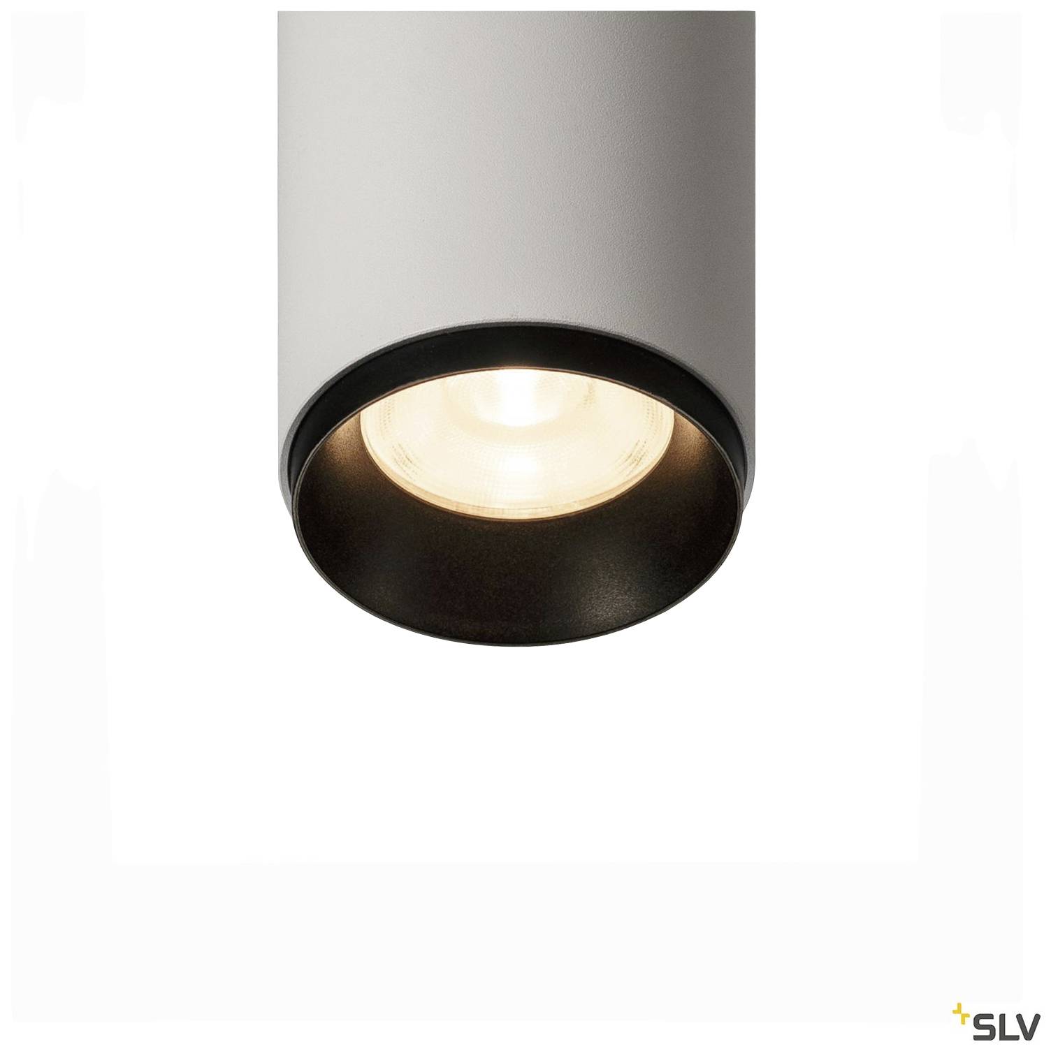 Plafonnier cylindrique en noir et blanc, lumineux. Style minimaliste, adapté aux espaces intérieurs modernes.
