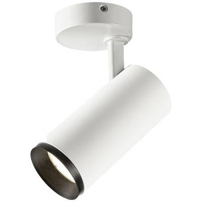 Luminaire plafonnier cylindrique blanc avec bordure noire, fixé sur un support de plafond. Il diffuse la lumière vers le bas.