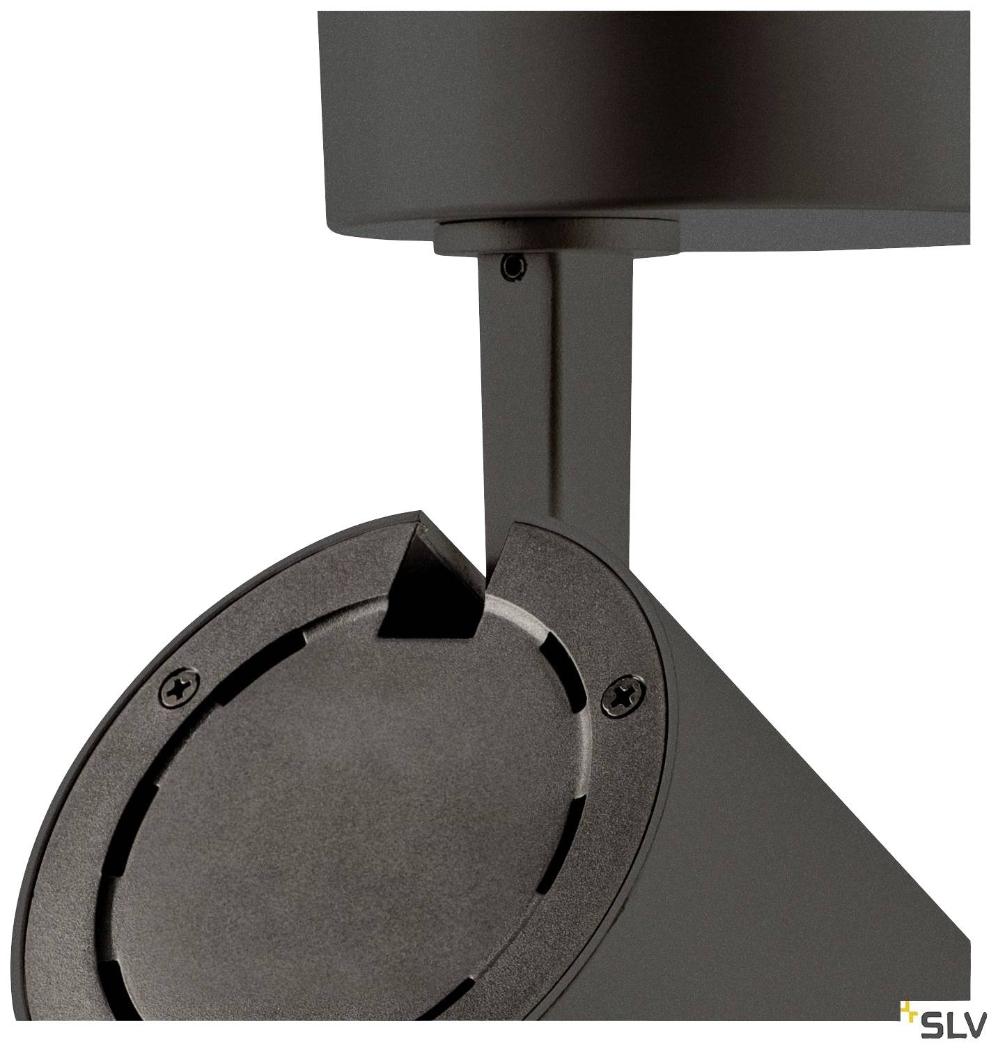 Un luminaire mural extérieur gris foncé avec projecteur orientable, monté sur un support mural circulaire. Idéal pour l'éclairage de façade.