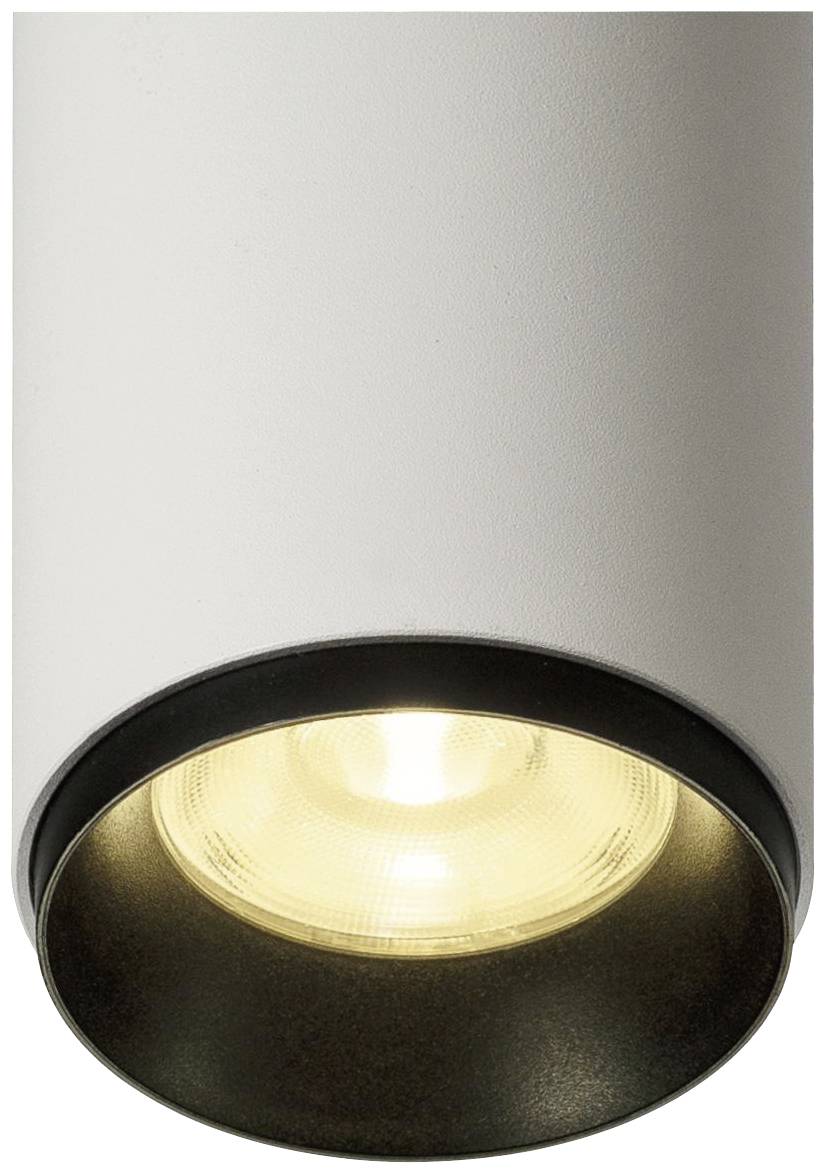 Luminaire de plafond cylindrique blanc avec un bord noir et un élément lumineux d'ampoule visible au centre.
