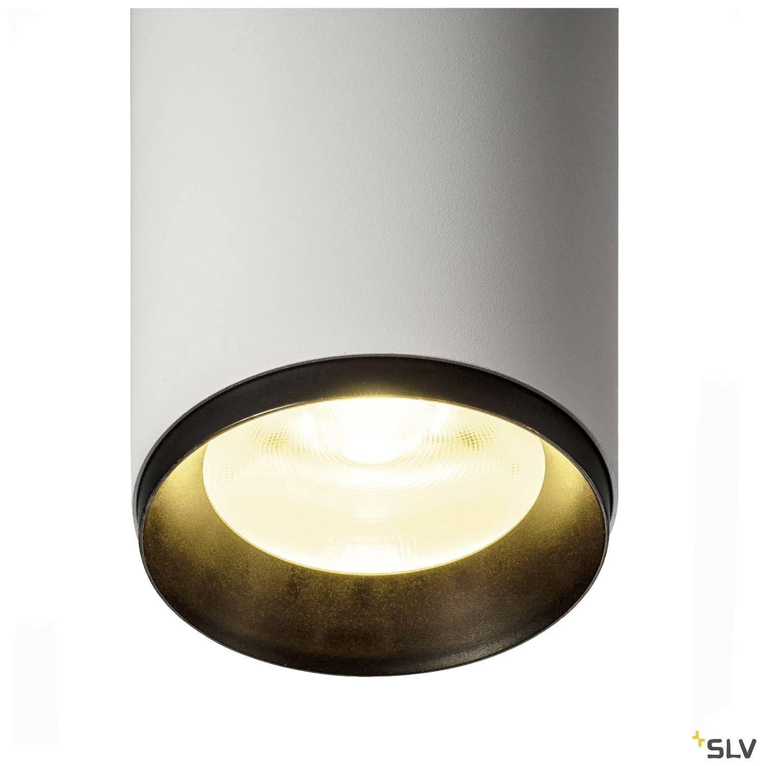 Plafonnier cylindrique blanc avec bordure noire et ampoule apparente, conçu par SLV pour l'éclairage intérieur.