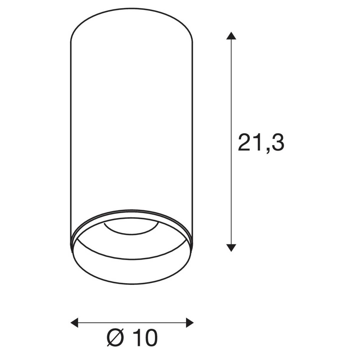 Objet cylindrique avec une hauteur de 21,3 cm et un diamètre de 10 cm. Des flèches indiquent les dimensions.
