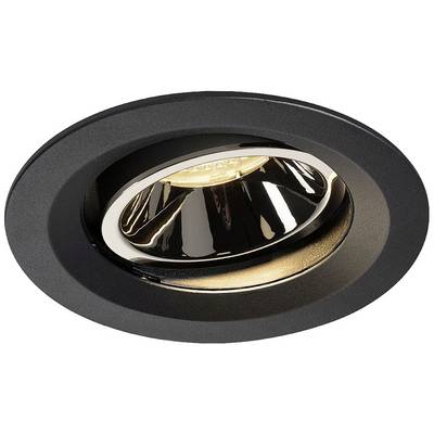 Spot encastrable rond noir avec réflecteur orientable et brillant. Émet une lumière blanc chaud.
