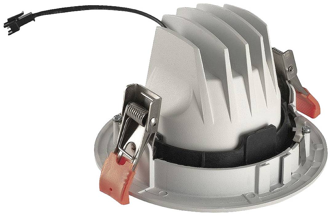 Spot encastrable LED rond avec ailettes de refroidissement, connexion câblée et clips à ressort pour une fixation dans une ouverture de plafond.