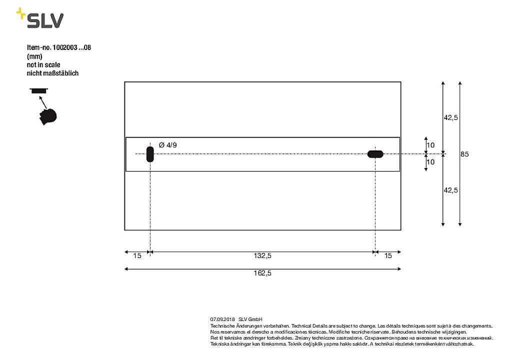 Dessin technique d'un objet rectangulaire avec deux perçages. Les dimensions sont indiquées en millimètres. Texte : 'non à l'échelle'.