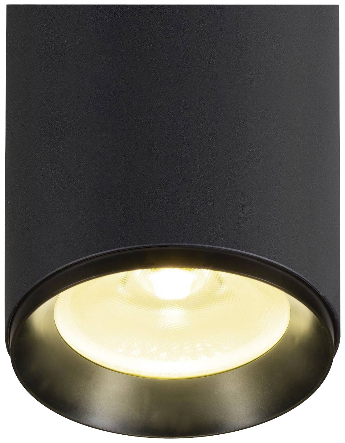 Un luminaire de plafond noir avec une ampoule apparente qui diffuse une lumière chaude et légèrement jaunâtre.