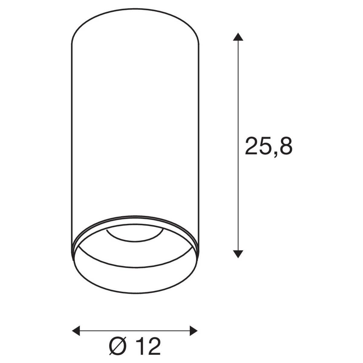 Lampe cylindrique aux dimensions : hauteur 25,8 cm, diamètre 12 cm.