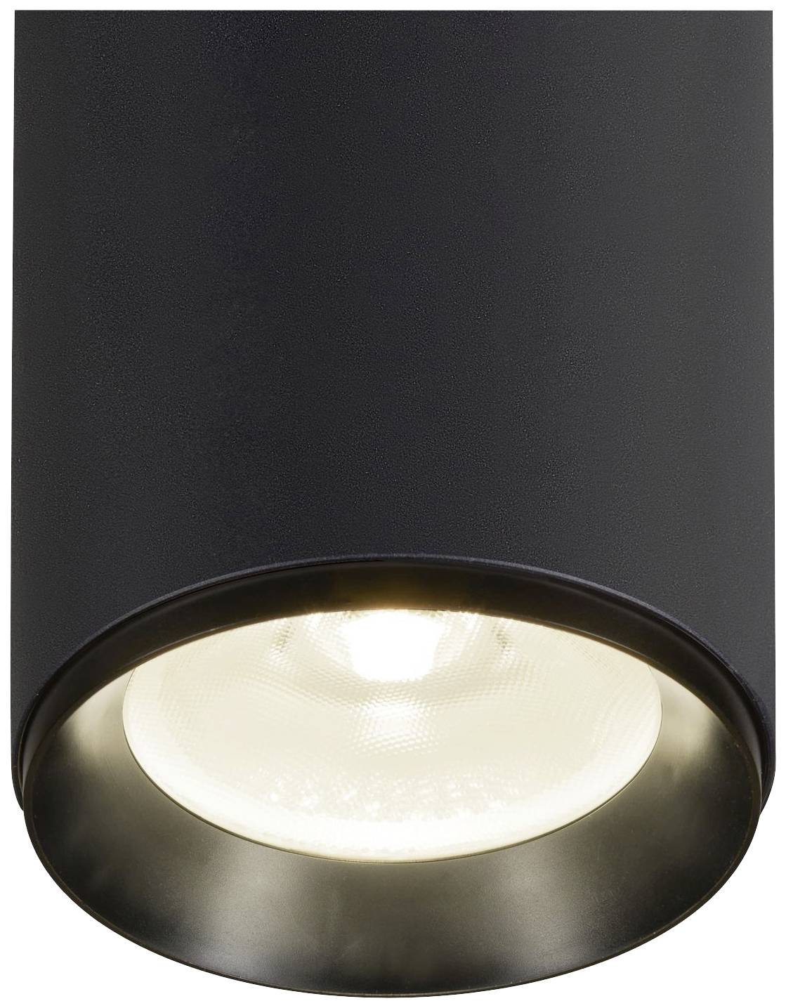 Luminaire de plafond cylindrique noir, éclairant vers le bas, adapté aux espaces intérieurs modernes et minimalistes.