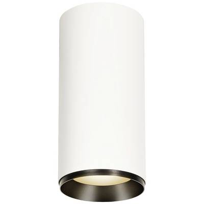 Plafonnier cylindrique blanc avec bordure noire, design moderne et épuré, adapté à l'éclairage intérieur.