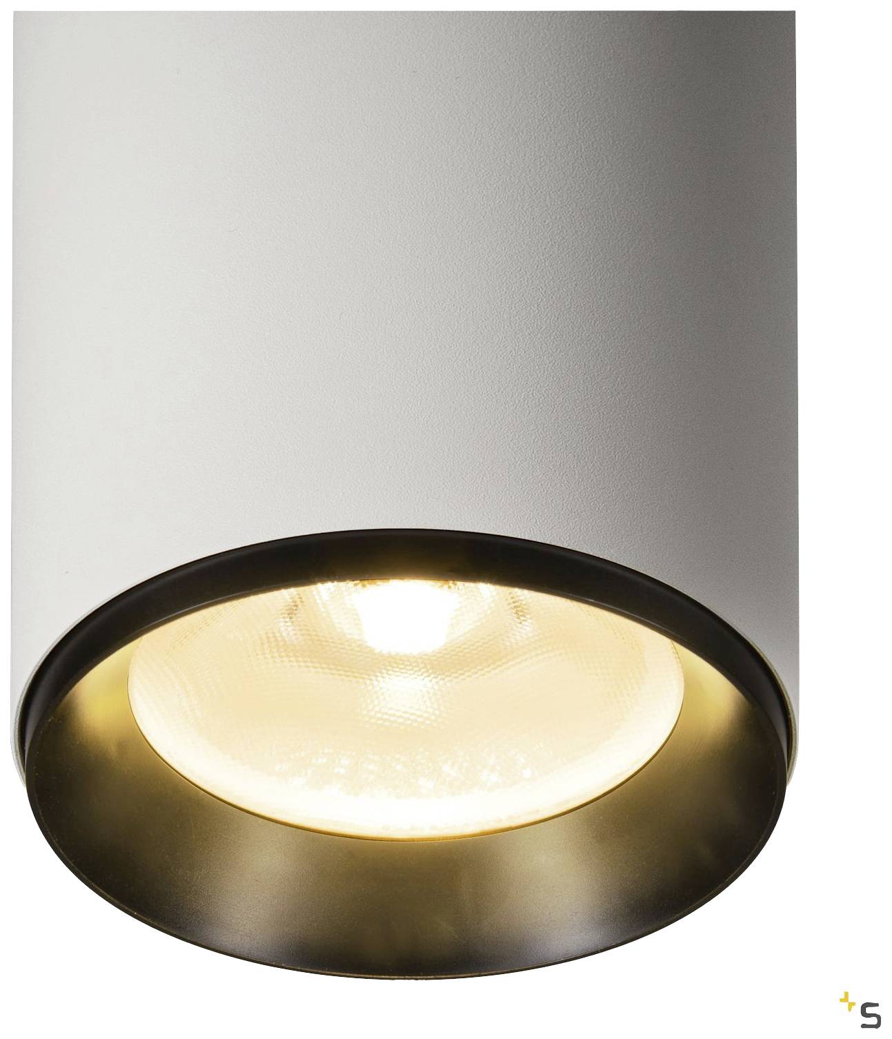 Plafonnier cylindrique en métal avec ampoule apparente. Il diffuse une lumière chaude et est fixé au plafond.