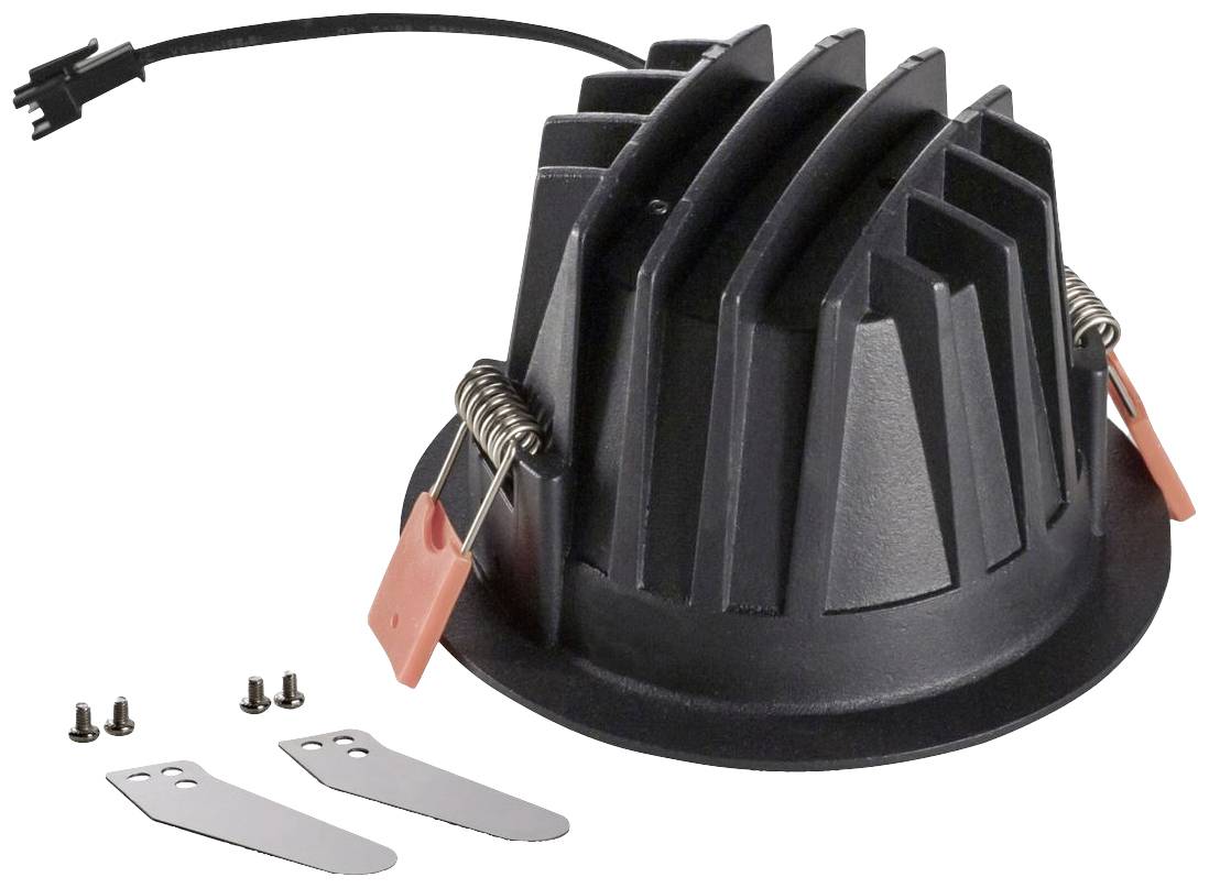 Spot encastrable LED noir poli avec ailettes de refroidissement. Comprend le câble, les pièces de montage et deux pinces métalliques.