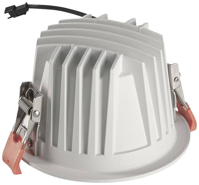 Arrière d'un luminaire encastrable LED rond avec ailettes de refroidissement et attaches de fixation, de couleur blanche.