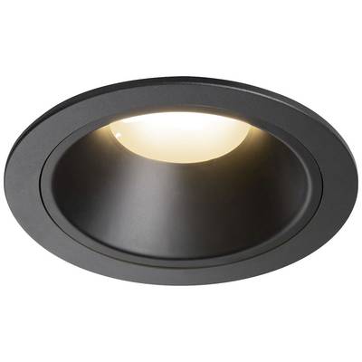 Un luminaire de plafond noir avec un éclairage rond blanc chaud.