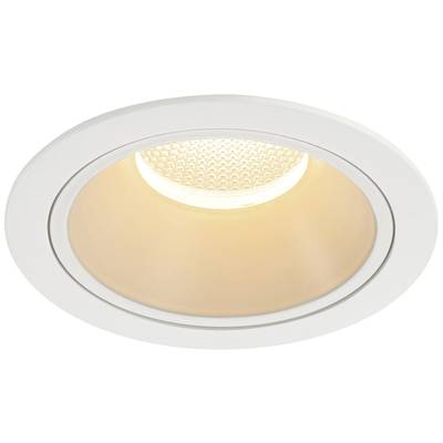 Spot encastrable avec cadre rond blanc et éclairage LED blanc chaud.