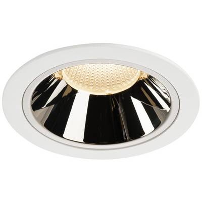 Un luminaire plafonnier rond avec un cadre blanc et un intérieur réfléchissant de couleur dorée. Il diffuse une lumière chaleureuse.