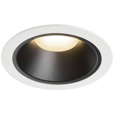 Luminaire encastré rond avec bord blanc et intérieur noir, diffusant une lumière chaude vers le bas.