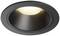 Spot encastrable rond noir avec lumière LED illuminée au centre, sur un fond neutre.