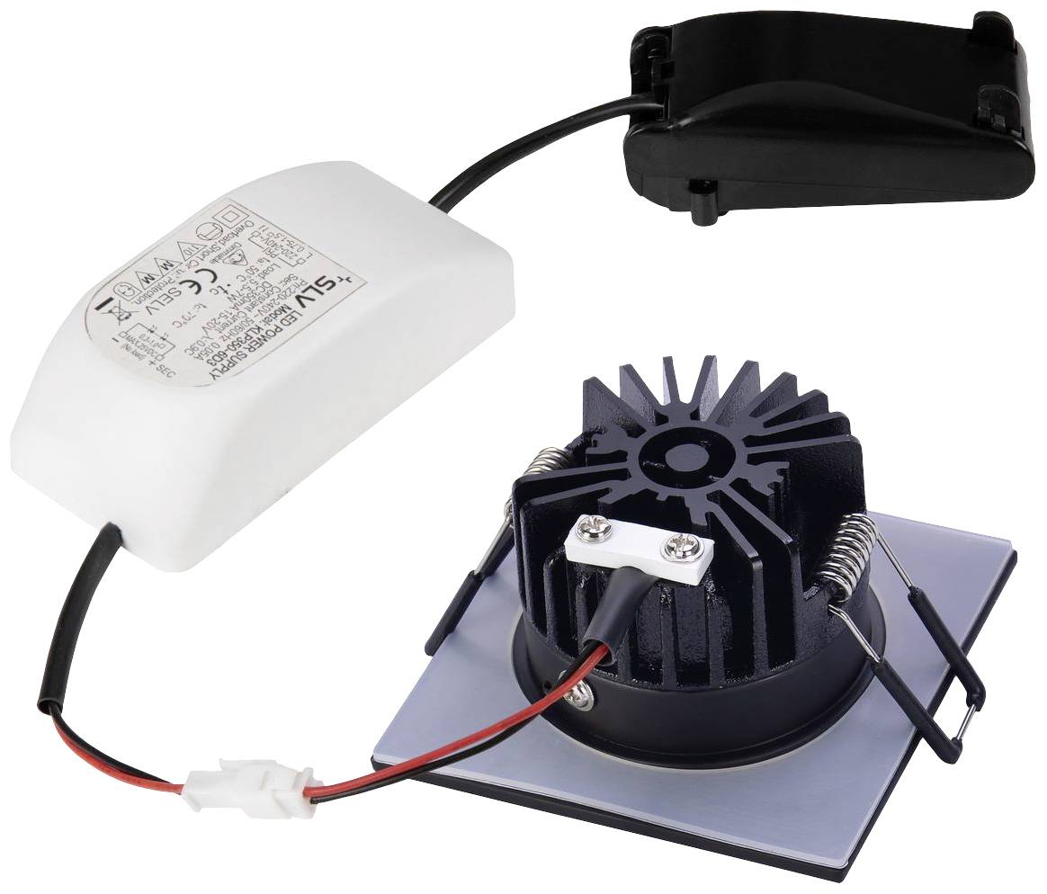 Luminaire encastré LED avec dissipateur thermique et driver, adapté pour les installations de plafonds suspendus. Connexions de câbles pour l'alimentation électrique visibles.