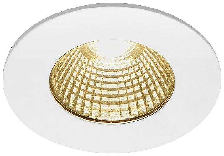 Luminaire encastré blanc au plafond avec intérieur doré à motif quadrillé.