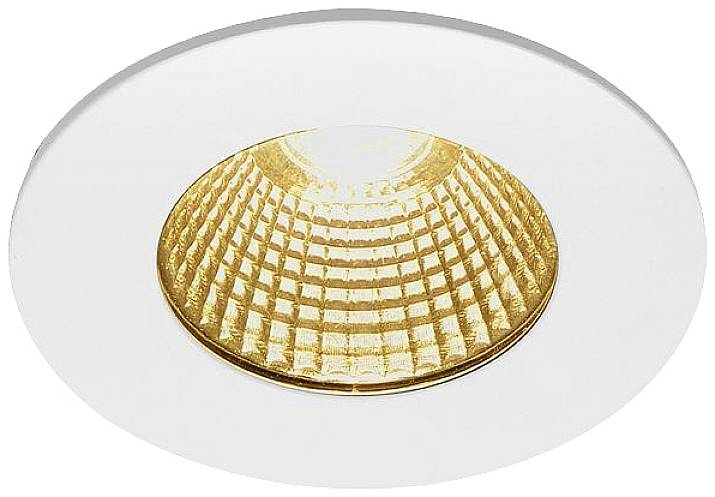 Un luminaire LED rond encastré au plafond, doté d'un réflecteur couleur or, dirigeant la lumière vers le bas et émettant une lumière blanc chaud.