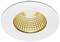 Un luminaire LED rond encastré au plafond, doté d'un réflecteur couleur or, dirigeant la lumière vers le bas et émettant une lumière blanc chaud.
