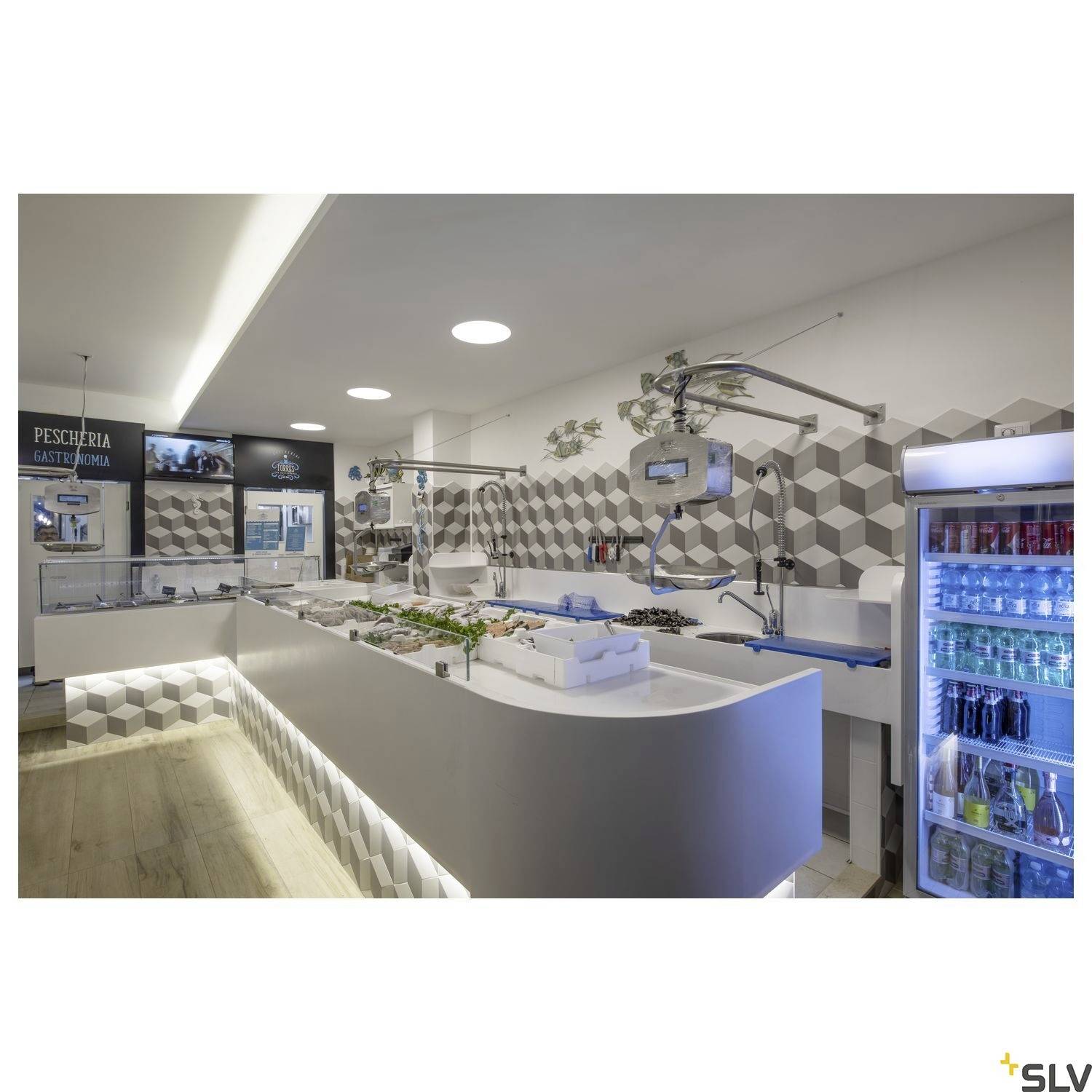 Commerce de poissons moderne avec un aménagement intérieur élégant, vitrine réfrigérée contenant des fruits de mer frais et un réfrigérateur à boissons sur la droite.