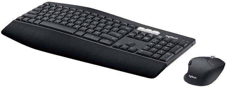 Clavier et souris sans fil noirs. Le clavier présente un design ergonomique et des touches arrondies, tandis que la souris est compacte.