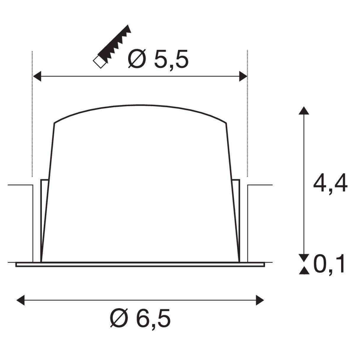 Dessin technique d'un objet cylindrique avec des diamètres de 5,5 cm et 6,5 cm, une hauteur de 4,4 cm et une épaisseur de 0,1 cm.
