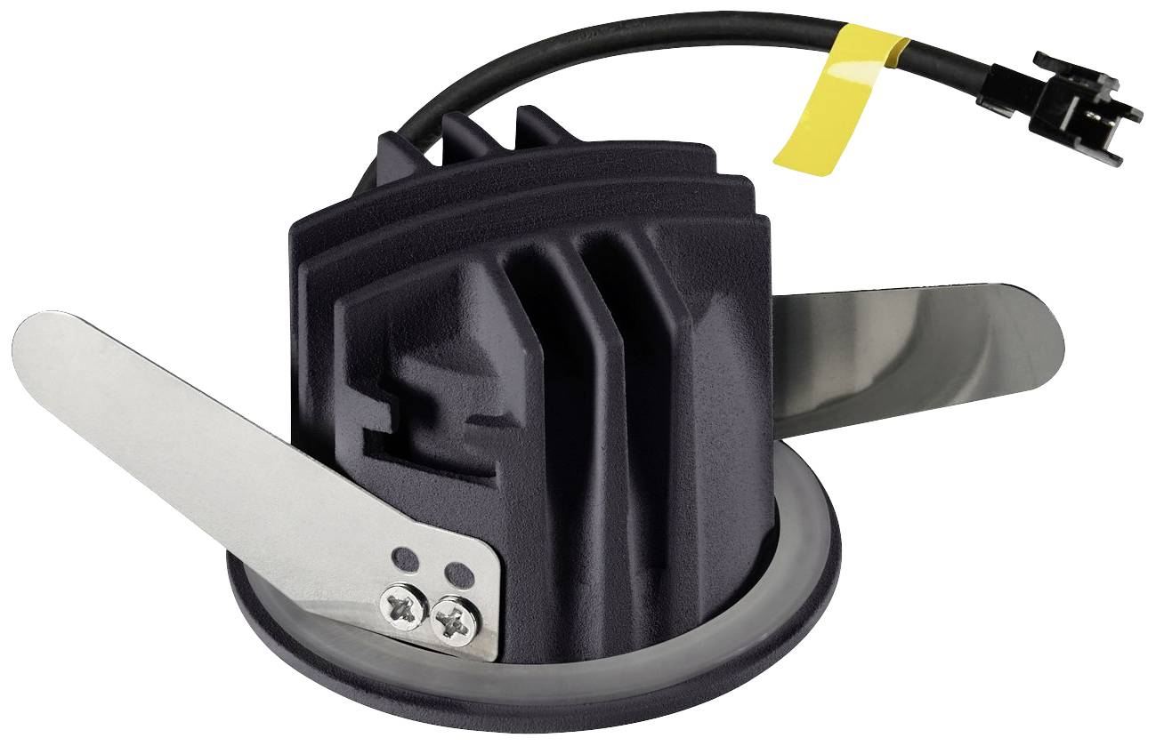 Composant électrique noir avec câble et autocollant jaune, monté sur une base ronde munie de deux ailerons métalliques sur les côtés.