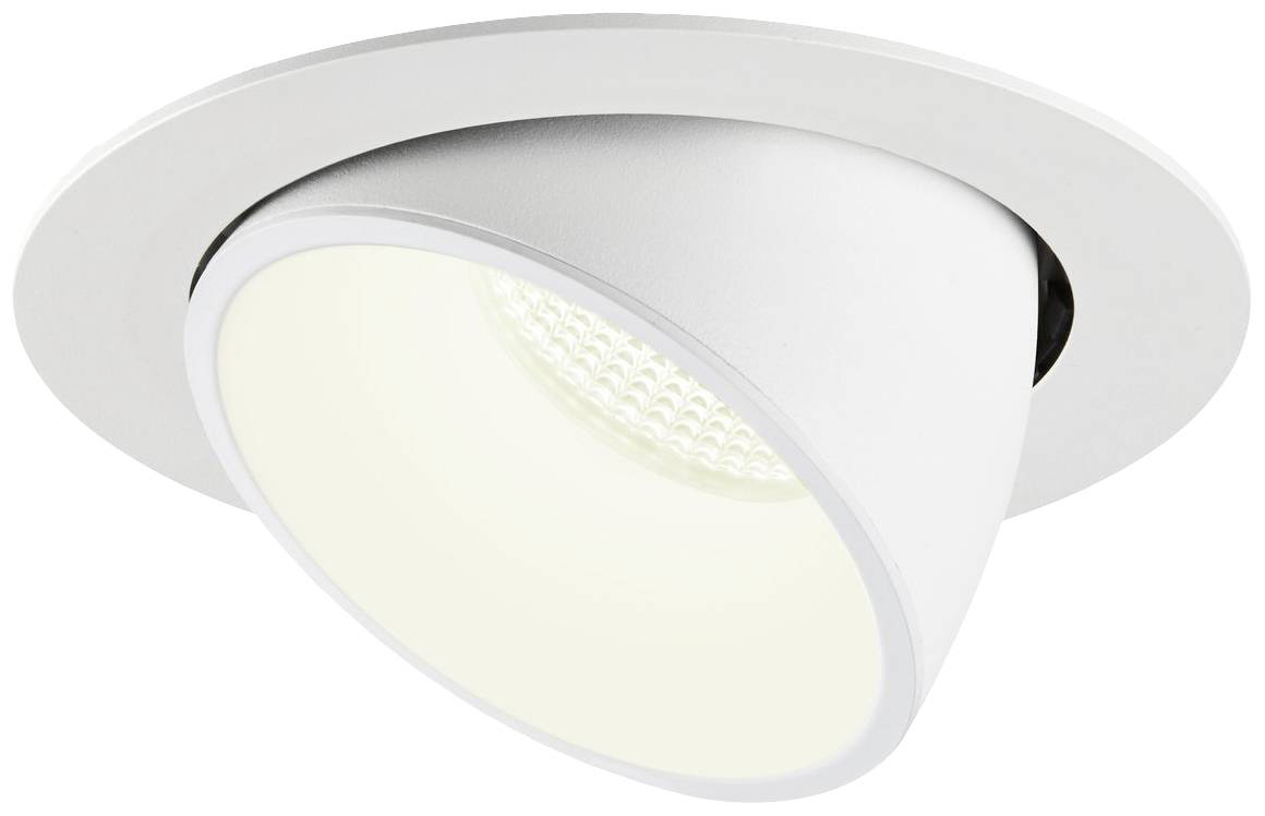 Luminaire encastré avec boîtier blanc et cadre circulaire, présentant une source lumineuse LED, monté en diagonale, adapté à l'architecture intérieure moderne.